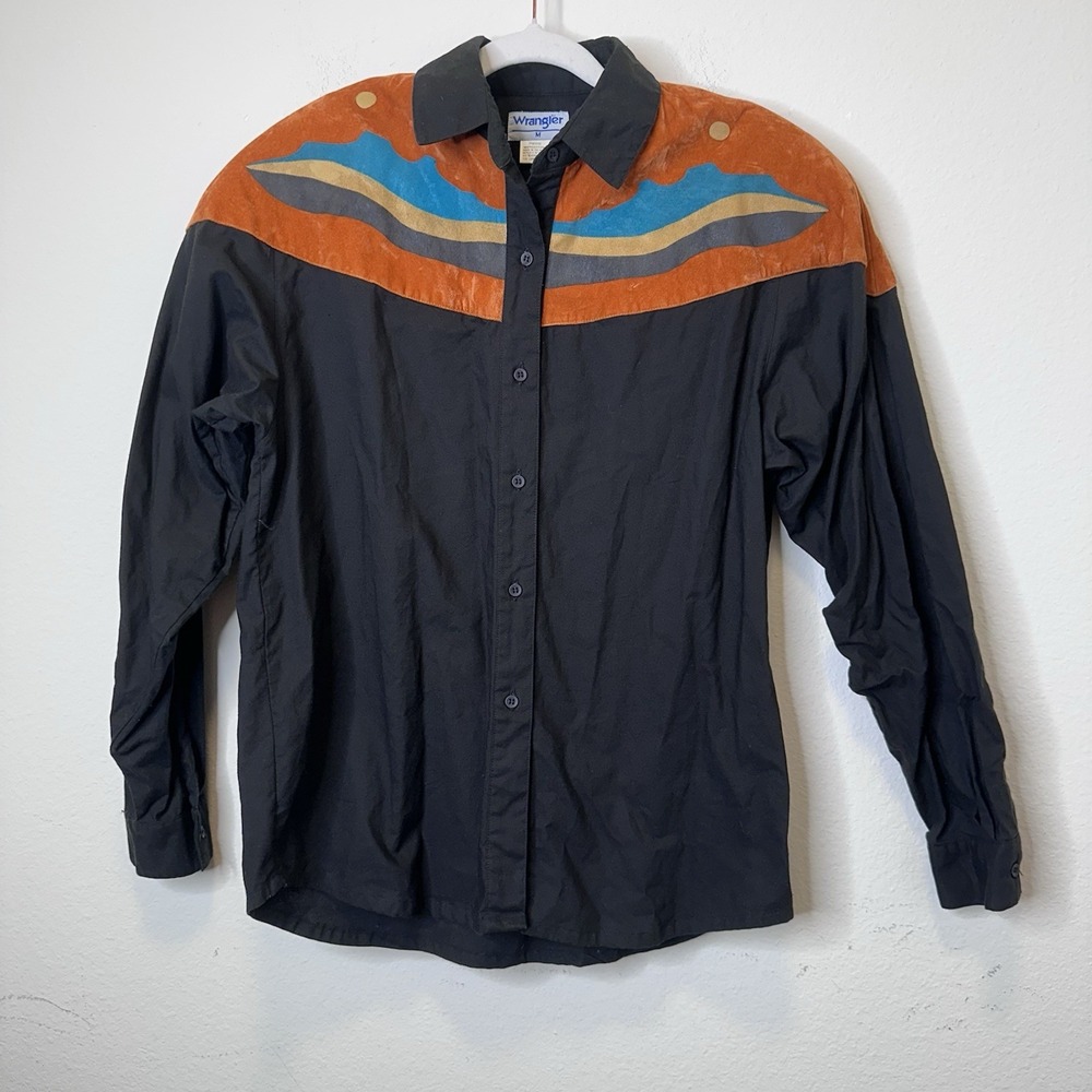 Wrangler Western Shirt Black Cotton Suede Yoke Horse Graphic Mens Medium Rodeo